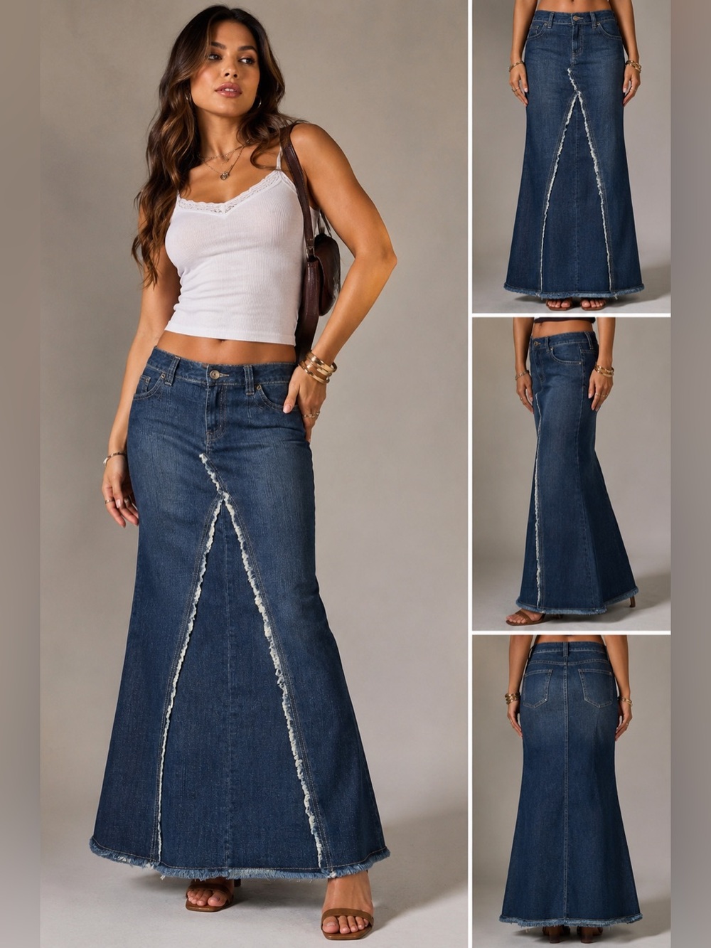 Dark Blue Frayed-Trim Denim Maxi Skirt
